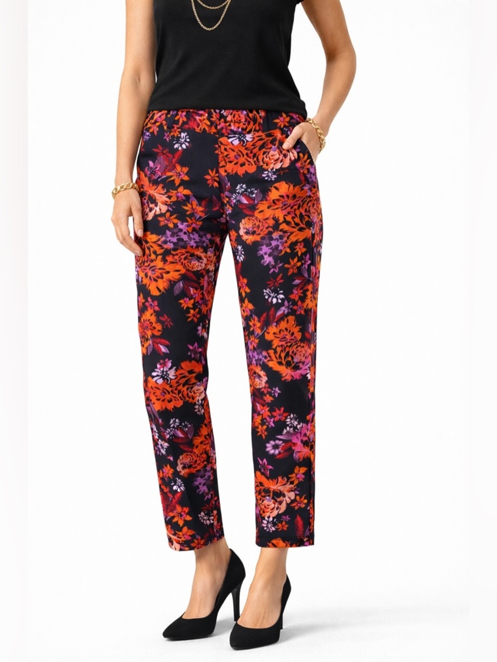 GUESS Floral Pants in Black Orange Stretch Pull-On Pants High Rise Statement